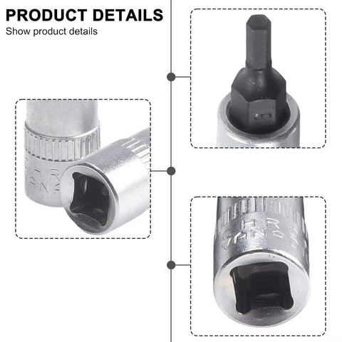 Beefy Three Piece One Quarter Inch Drive Hex Socket Set With H3 H4 H5 Inner Hex Bits in chrome vanadium steel, 38mm length.