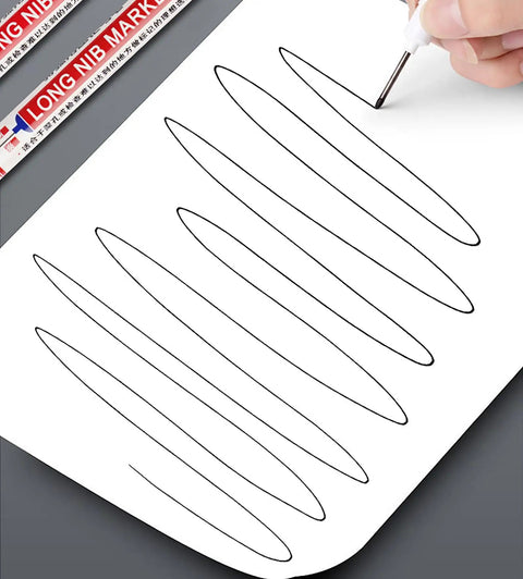 Real Deal Deep Hole Marker Pens 15 Pack Black Ink long neck marker creating precise lines on white paper.