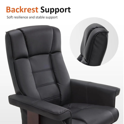 Close-up of Manual Recliner With Ottoman For RV And Small Spaces, highlighting padded black faux leather backrest support.