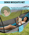 Camping Hammock With Integrated Mosquito Net For Double Or Single Use showing close-up of netting and user reclining