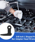 Mechanic using 3/8 inch drive Ninety Degree Bend Pry Bar Wrench Adapter with hammerable head on engine, tool inset in corner