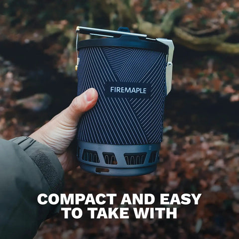 Person holding backpacking camp stove with advanced heat exchange for fast boil times up to thirty percent faster ultra lightweight and compact