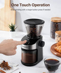 Real Deal Flat Burr Coffee Bean Grinder Built Rock Solid With 32 Crisp Grind Settings And 40 Second Timer for one touch operation and fresh ground coffee.