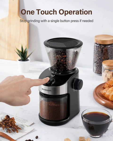 Real Deal Flat Burr Coffee Bean Grinder Built Rock Solid With 32 Crisp Grind Settings And 40 Second Timer for one touch operation and fresh ground coffee.