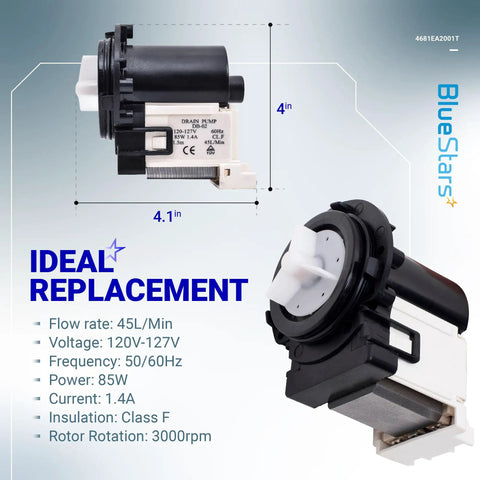 Plug And Play Drain Pump 4681EA2001T For LG Washers with dimensions and specifications shown.