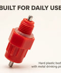 Heavy Duty Automatic Poultry Watering Nipples With Screw Style Mounting For Chickens Ducks Geese Bold Red Plastic Build close-up of valve.