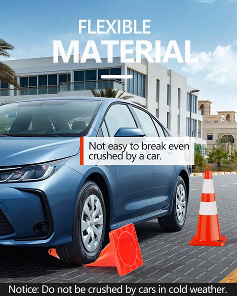 Car on flexible Six Pack 28 Inch Traffic Safety Cones With Reflective Collars For Road Construction And Traffic Control Heavy Duty Orange Parking Cones Designed For Day And Night Visibility