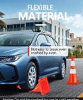 Car illustrating the durability of 10 Pack 28 Inch Traffic Safety Cones With Reflective Collars For Day And Night Visibility Built Tough Heavy Duty PVC Orange Cones For Traffic Control Road Construction Driveway Parking Weather Resistant.