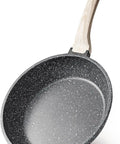 Eight Inch Nonstick Granite Frying Pan With Eco Safe Pfoa And Pfos Free Coating For Healthier Everyday Cooking, top view with wooden handle.
