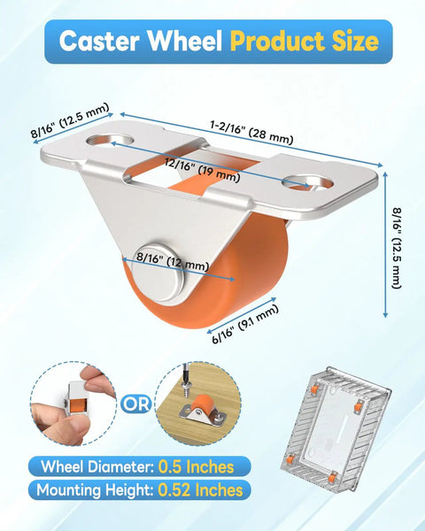 Caster wheel product size diagram showing dimensions of Mini Low Profile Rubber Caster Wheels 0.5 Inch, Self Adhesive And Screw Mounted.