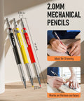 Top Shelf Mechanical Carpenter Pencils With 16 Hefty Tips And Deep Hole Markers Plus 42 Bright Lead Refills And Trusty Scribe Tool For No Sweat Marking And Fast Layouts, showing 2.0mm mechanical pencils in various colors.