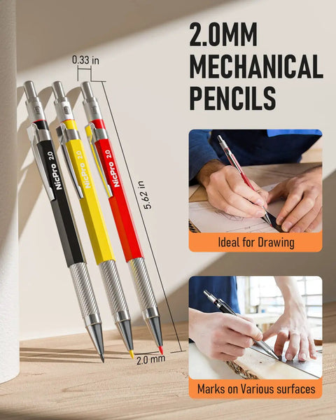 Top Shelf Mechanical Carpenter Pencils With 16 Hefty Tips And Deep Hole Markers Plus 42 Bright Lead Refills And Trusty Scribe Tool For No Sweat Marking And Fast Layouts, showing 2.0mm mechanical pencils in various colors.