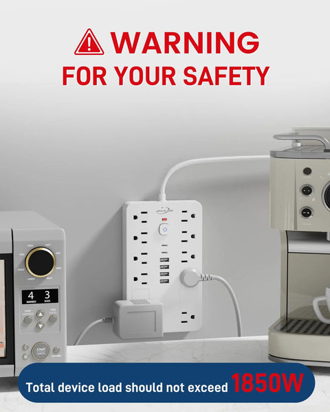 Surge Protector Power Strip With 10 Outlets And 6 USB Ports Including 2 USB-C, 6 Ft Heavy Duty Extension Cord, Wall Mount, 1850W 15A Overload Protection, ETL Listed For Home Or Dorm Room, white power strip in kitchen