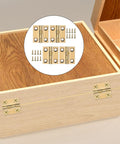 Legit Smooth Swing Brass Mini Hinges For Jewelry Boxes And Craft Projects, 4 Pack with screws displayed in wooden box surface.