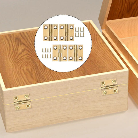 Legit Smooth Swing Brass Mini Hinges For Jewelry Boxes And Craft Projects, 4 Pack with screws displayed in wooden box surface.
