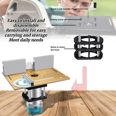 Heavy Duty Router Lift System With Four Jaw Chuck For Hassle Free Height Adjustments And Rock Solid Router Table Inserts crafted with aluminum base and hand crank for precision cuts.