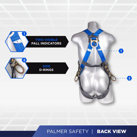 Back view of full body harness in Fall Protection Roofing Bucket Kit With Full Body Harness And 50 Foot Vertical Rope And Anchor Set
