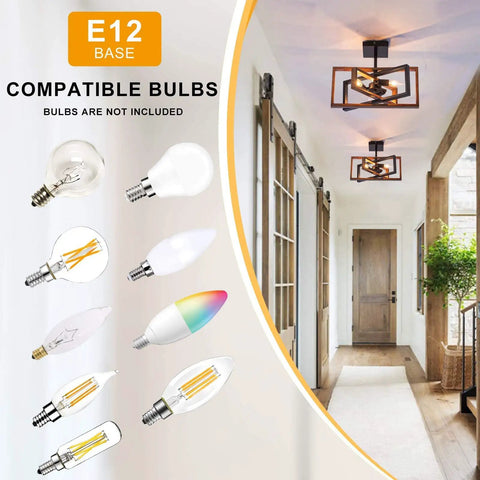 E12 base bulbs with Dope Industrial Rectangle Flush Mount Ceiling Light With Rotatable Metal Frame In Rustic Faux Wood Finish