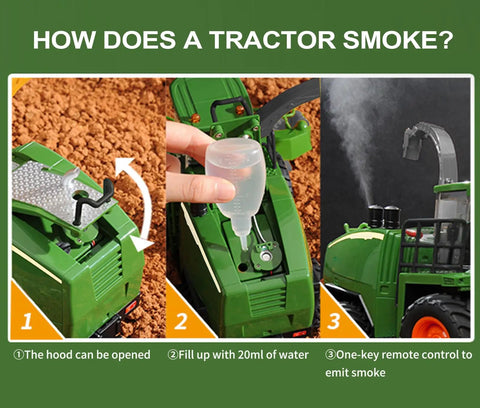 RC Tractor Toy With Spray Function And LED Lights Realistic Sound For Kids Super Cool Farm Vehicle smoke feature steps