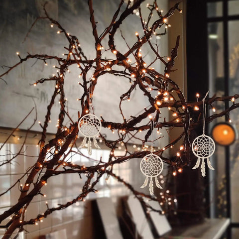 DIY Dream Catcher Kit With 50 Unfinished Wood Ornaments For Dope Boho Wall Hangings on lit branch display