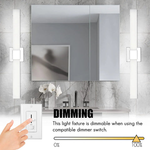 32 Inch Dimmable Modern Vanity Light With Three Color Temperatures 3000K 4000K 5000K Chrome Finish Over Mirror Bathroom Wall Light For Bright Stylish Grooming Spaces, shown with dimmer switch and reflection in mirror