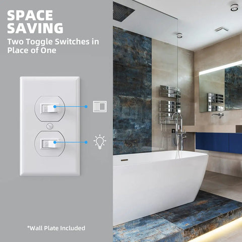 2 Pack Double Toggle Light Switch In Wall Dual Toggle Two Single Pole Switches 15A 120V Self Grounding UL Listed in modern bathroom
