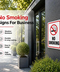 Heavy Duty No Smoking Signs For Business And Restaurants, 10 X 7 Inch Aluminum Metal No Vaping Wall Plaque With Rounded Edges, Rust Free Easy Hang Indoor Outdoor 4 Pack displayed on a building entrance.
