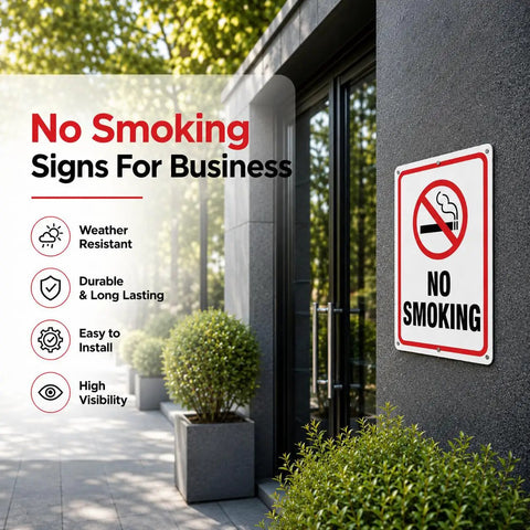 Heavy Duty No Smoking Signs For Business And Restaurants, 10 X 7 Inch Aluminum Metal No Vaping Wall Plaque With Rounded Edges, Rust Free Easy Hang Indoor Outdoor 4 Pack displayed on a building entrance.