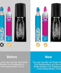 Comparison of CO2 Soda Water Maker Quick Adapter For Terra Art GAIA DUO Sparkling Water Machines with blue and pink bottles.