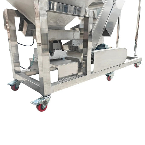 Heavy Duty Bucket Elevator Material Conveyor With 220V Single Phase Motor, stainless steel frame on rolling casters.