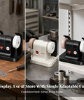 Rock Solid Dual Wheel Workbench With Integrated Grinding Station White Compact Corded Shop Table in black and white colors.