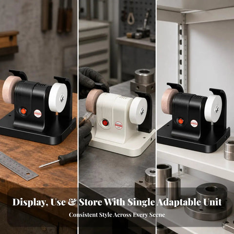 Compact Bench Grinder And Polishing Rig With Tough Copper Motor Desktop Buffing Machine For Quick Blade Care on workshop table