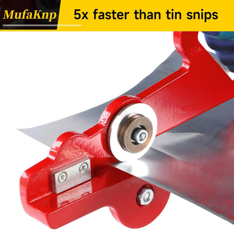 Portable Sheet Metal Cutter Hand Snips For Easy Cutting Of 28 Gauge Galvanized Steel And 0.4 Millimeter Cold Rolled Metal Handheld Tin Snips With Double Wheels For Smooth Precise Panel Slitting In A DIY Home Workshop, red roller wheel close-up