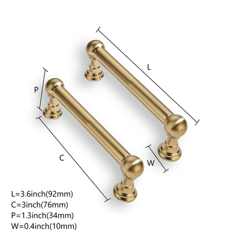 10 Pack 3-Inch Solid Zinc Alloy Cabinet Handles Brushed Gold Finish With Satin Brass Accents Heavy Duty Drawer Pulls Measurements