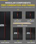 Preassembled Garage Storage Cabinet Set With LED Lights 6 Piece Workshop Organizer In Black And Red Wood Worktop Key Locks.
