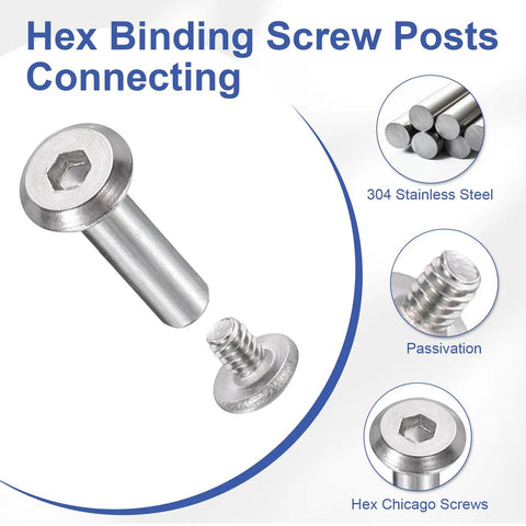 Bulletproof 304 Stainless Steel Hex Socket Cap Chicago Screws 20 Pack Metric Binding Post Set For Scrapbooking Leather Work And Diy Fixes showing two hex binding screws in solid silver.