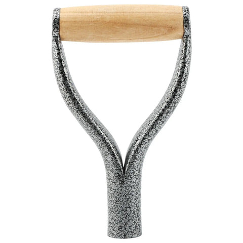 D Grip Shovel Handle Replacement with wooden grips for garden digging and raking tools, solid iron Y grip, brown finish, size 13.5 x 8.86 x 1.3 inches.