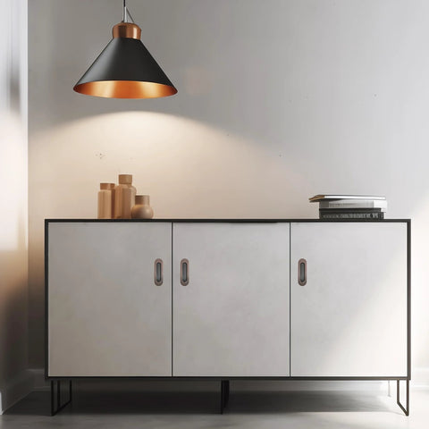 Modern cabinet with 6 inch recessed flush pull door handles in a room, showcasing oval finger pulls with vintage red copper and stainless finish.