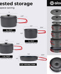 Durable Camping Cookware Set With Portable Pots And Pans For Outdoor Backpacking, nested storage view, 2L pot, 1.4L pot, 1L pot, 7.5-inch pan