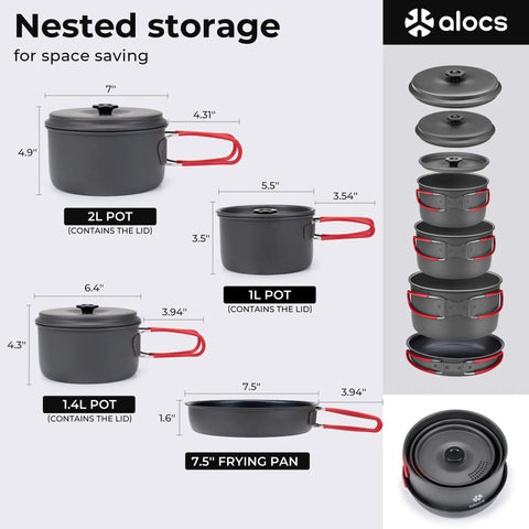 Durable Camping Cookware Set With Portable Pots And Pans For Outdoor Backpacking, nested storage view, 2L pot, 1.4L pot, 1L pot, 7.5-inch pan