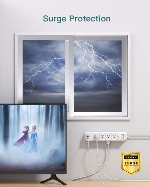 Heavy Duty Surge Protector Power Strip With 12 Outlets And 3 USB Ports 10 Ft Braided Extension Cord Flat Plug shown under storm imagery