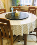 Smooth Operator Lazy Susan Serving Tray For Dining Tables Big 43 Inch Round Marble White Striped Turntable on wooden table