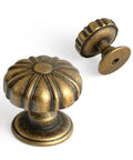 Set Of 12 Rustic Floral Antique Brass Cabinet Knobs For Kitchen Drawers, Vintage Retro Hardware With Classic Floral Pattern, Durable Solid Brass Kitchen Cabinet Handles For Farmhouse Style showing antique brass flower shape design