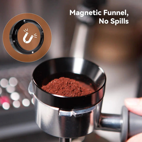Level Up Your Home Cafe Setup With This Premium 58Mm Espresso Tamper And Coffee Distributor Bundle Including A Sharp WDT Tool For Even Distribution And Nailed Every Single Pull. 58mm magnetic funnel holding coffee grounds.