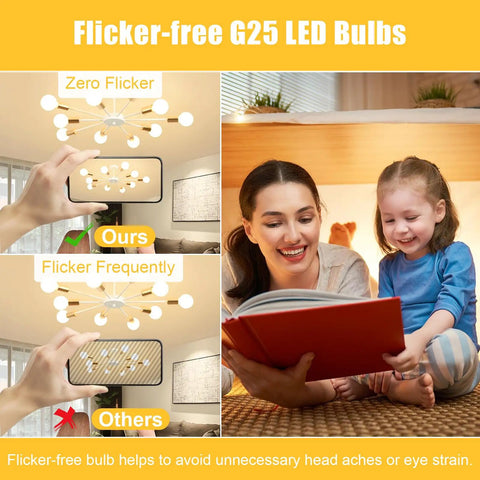 Flicker-free G25 LED vanity bulbs compared with flickering bulbs, showing a mother and daughter reading under warm lighting.