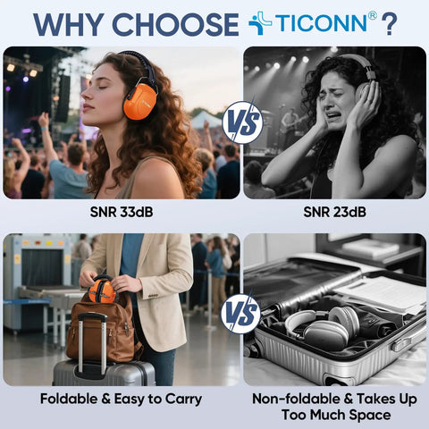 Comparison of orange over-ear earmuffs and black unfriendly ear protection for noise reduction with different SNR, foldable design on luggage.
