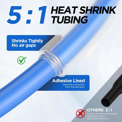 Five To One Heat Shrink Tubing Kit With 600 Pieces Adhesive Lined Marine Grade Dual Wall Waterproof Wire Sleeving Tube Wrap Set In Eight Sizes And Six Colors For DIY Electrical Projects showing blue tubing with adhesive lined feature and comparison to others
