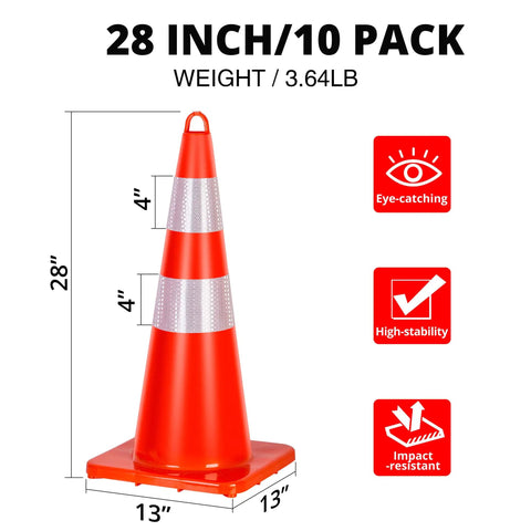 Ten Pack 28 Inch PVC Traffic Cones With Reflective Collars for Parking Lots Roadwork and Traffic Control on white background