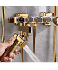 Close-up of UMJIGF Luxury Shower System with Hot and Cold Water Shower Combo Set with multifunctional gold handheld shower.