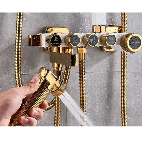 Close-up of UMJIGF Luxury Shower System with Hot and Cold Water Shower Combo Set with multifunctional gold handheld shower.